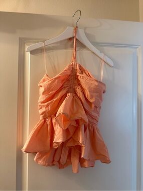 American Threads Peach Ruched Ruffle Crop Top
